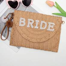 1pc Customized Simple Versatile Handwoven Hollow Straw Tote Bag, Suitable For Beach Holiday Shoulder Bag