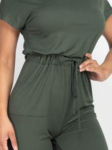 Women's Solid Color Casual Two-Way Shoulder Tie Waist Drawstring Short Sleeve Jumpsuit Scoop Neck Off Shoulder Jumpsuit For Women - 橄欖 - 查看 6