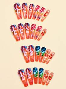 24PCS Summer Coral Plant Long Ballerina Press On Fake Nails Set, Dostawcy Paznokci