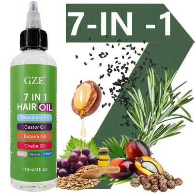 زيت شعر 7 في 1 من GZE منعم للشعر غني بزيت الروزماري وزيت الخروع وزيت البتانا وزيت شيب والبيوتين والكيراتين والكولاجين ، لتقوية وتنعيم الشعر