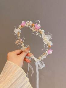 1pc Children's Flower Wreath Headwear Princess Faux Pearl Ribbon Girl Hair Accessory Birthday Party Wedding Performance Flower Girl Mori Style Super Fairy Accessory