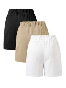 3pcs/Set Summer Girls Simple Shorts, Brown+White+'s Simple Comfortable Casual Daily Wear, Girls Outdoor Exercise Vacation Entertainment Tween Girl Clothing - Multicolor - View 3