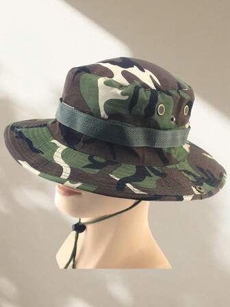 1 件男女同款迷彩时尚渔夫帽，带防风绳的带帽檐渔夫帽，适合户外徒步登山、沙滩沐浴、野外钓鱼和露营，是您外出度假的最佳首选配饰。