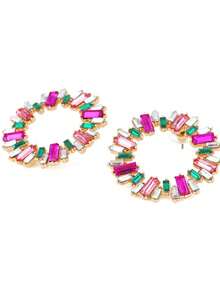 1 对时尚夸张圆形水晶镶嵌复古风格环形耳环，适合女士，适合日常佩戴 - 玫紅 - 查看 4