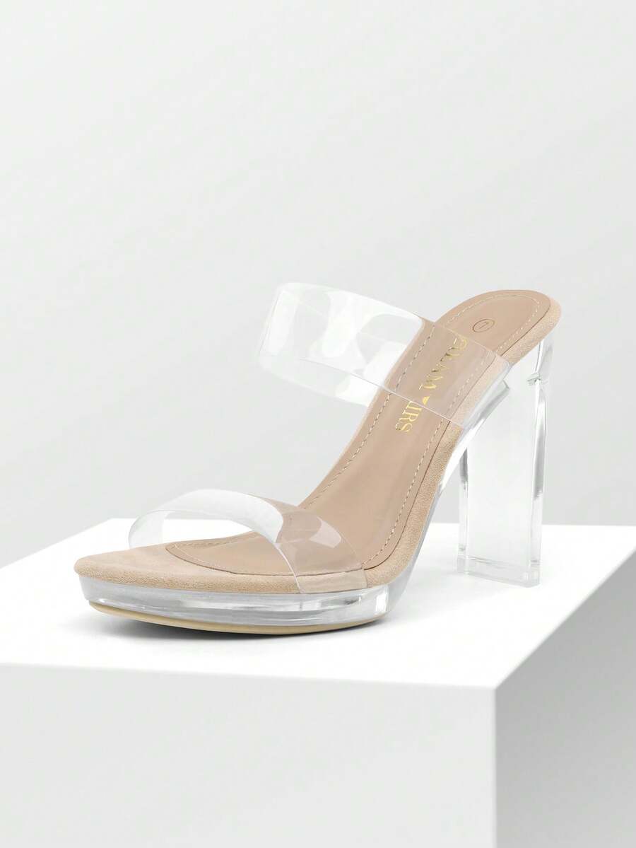Women Wide Fit Clear Strap Chunky Heeled Mule Sandals, Fashion Summer Slip-On Heels For Summer Spring Wearing