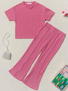 Conjunto 2 Piezas para Niñas Adolescente, Playera Manga Corta y Pantalon Acampanado de Algodon, Ropa de Niña 6 a 16 Años 110 a 160 cm Cuello Redondo Formal e Informal Lisa Joven Chica - Rosa - Ver 2