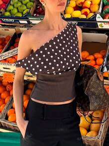 Women's Fashionable Polka Dot Backless Tie Strap Top, Knit Fabric With False Drawstring, Ribbed Backless Casual Top Suitable For Singles Party