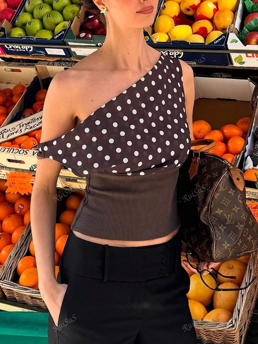Women's Fashionable Polka Dot Backless Tie Strap Top, Knit Fabric With False Drawstring, Ribbed Backless Casual Top Suitable For Singles Party