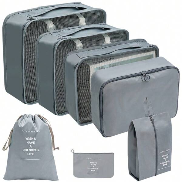 7 pièces Set de Cubes de Rangement, Sacs de Voyage pour Bagage, Organisateurs de Rangement avec Sac à Chaussures pour École, Accessoires et Fournitures Scolaires
