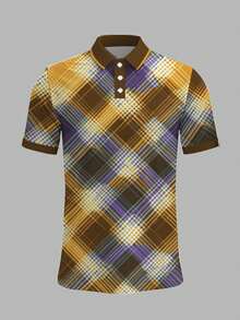 男士春夏复古撞色格纹印花 Polo 衫，适合都市探险者 - 复古风周末、咖啡约会和休闲街头风格，彰显现代绅士风范
