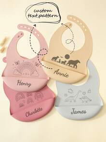 2pcs Personalized Name Pattern Silicone Bibs, Solid Color Bibs, Customized Feeding Supplies, Personalized Gift, Baby Led Weaning - Multicolor - View 2