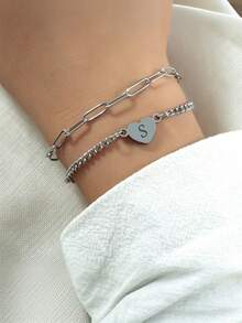 1 件朋克风格 26 字母不锈钢串珠女士/情侣手链，适合女性和情侣休闲日常佩戴 - 銀色 - 查看 13