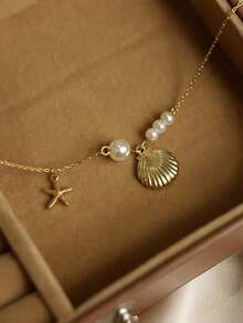 1pc Fashion Stainless Steel Faux Pearl Starfish Shell Pendant Necklace Summer Beach Daily Wear And Gift - Gold - View 4