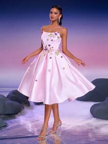 Anymoon Elegant Floral Embroidered Strapless Formal Dress - Pink - View 5