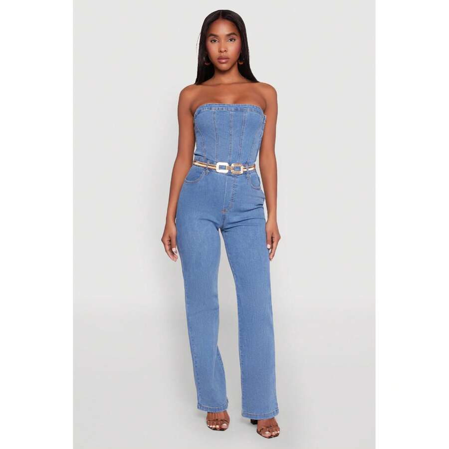 Daisy Strapless Corset Denim Jumpsuit - Multicolor - View 1