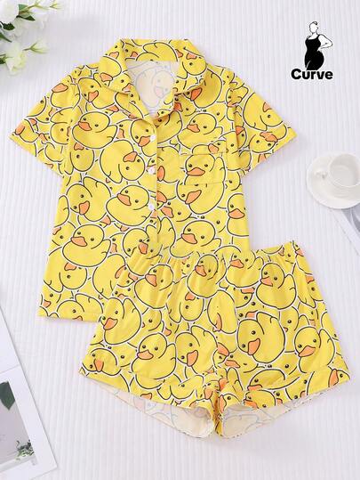 Plus Size 2pcs Set Yellow Base Cute Duck Print Women Pajamas Set, Short Sleeve Collared Button-Up Soft Top And Relaxed Elastic Shorts, Beautiful Fashionable Daily Outfit, Holiday Sleepwear Party Wear, Comfortable Home & Outdoor Loungewear