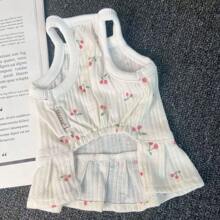 1pc Breathable Thin Dog Clothes, Suspender Princess Dress Outfit For Small Dogs Like Teddy, Bulldog, Poodle With Cute Cherry Print, Suitable For Home & Outing