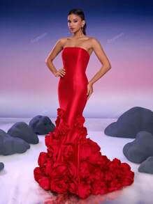 Women's Solid Color Strapless Dress With 3D Floral Decor, Elegant Evening Gown, Formal, Party Dress, For Wedding Guest