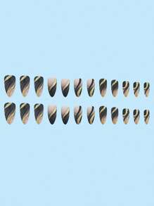 24pcs/Pack Almond Shape Gradient Black False Nail Art Stickers With Glitter Wave Pattern