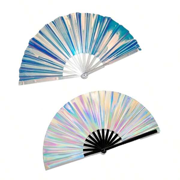 1PC/2PCs 13inch*25inch Large Holographic Rave Hand Fan, Foldable EDM Hand Fan, Foldable Art Fan, Colorful Lighting Effects, Suitable For Electronic Music Festivals, Clubbing, Celebrations, Clubs, Parties, Dancing, Unisex, Gift And Decoration Handheld Fan