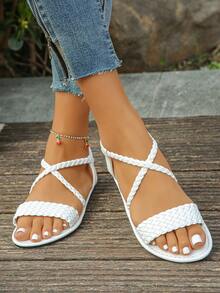 New Summer Women Roman Style Casual Flat Sandals, Solid Color Beach Vacation Fashion PU Leather Woven Beach Festival Wedding Party Office Outdoor, Spring/Summer - White - View 5