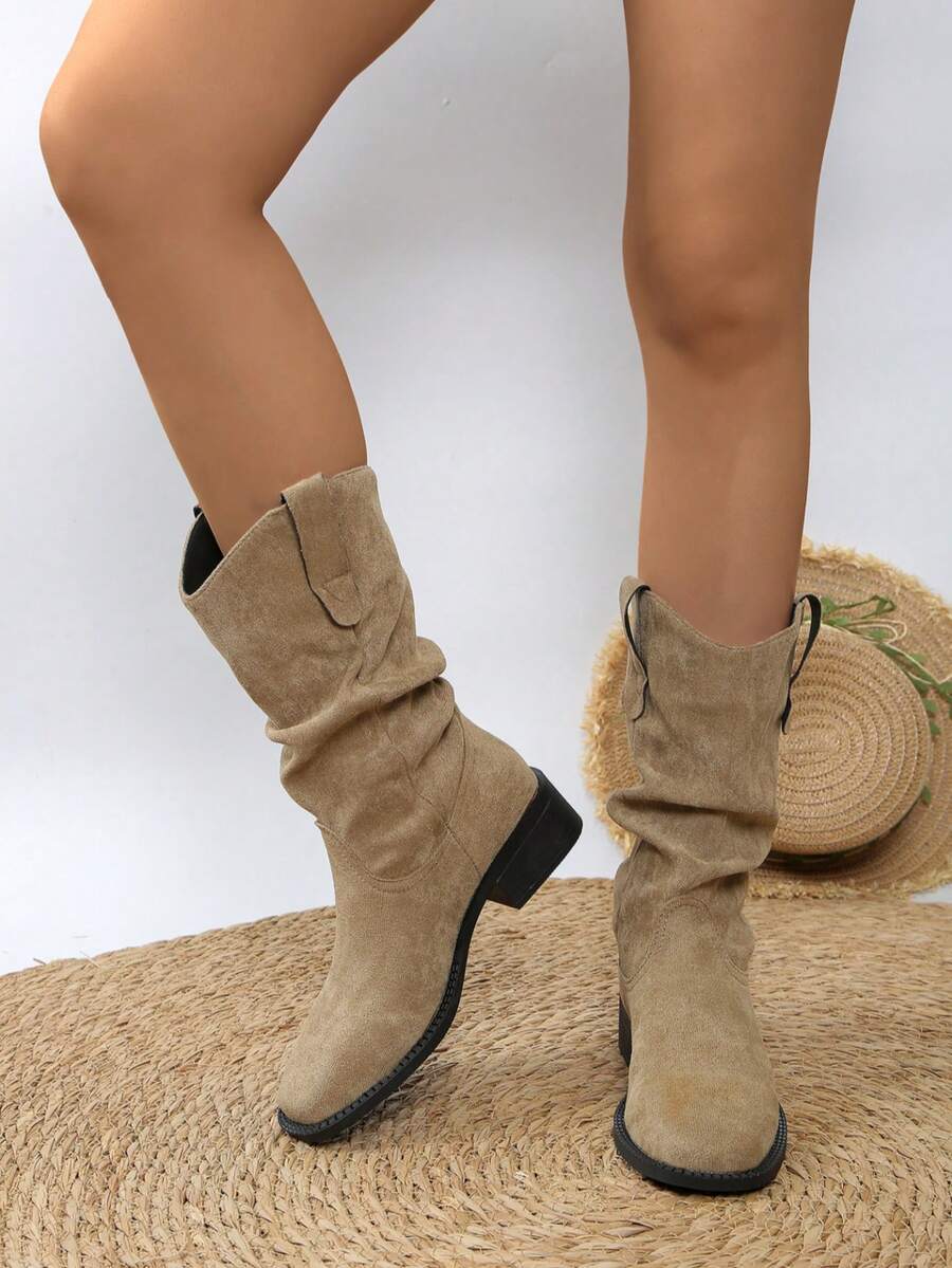 2025秋冬新款女士360°减震贴合靴，超级舒适，柔软有弹性，新款中筒休闲马靴，无摩擦，防擦伤，高透气性材质，西部风格，牛仔靴 - 卡其色 - 查看 1