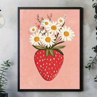 1 st jordgubb och prästkrage illustration kanvastryck vintage tecknad väggkonst poster modemålningar för vardagsrum sovrum hemmakontor sovsal dekor väggbakgrundsdesign bild valfri ram