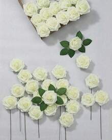25Pcs Artificial Roses Flowers Fake Roses With Stems Real Touch Foam Flowers For DIY Wedding Bouquet Baby Shower Centerpiece Floral Arrangement Party Home Decor(Dark Red) - 奶油 - 查看 2