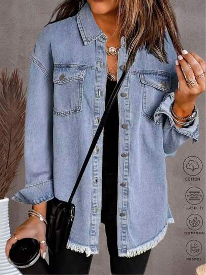 Damen einfarbige lässige Denim Jacke mit Taschen und ausgefranstem Saum, Langarm, leicht für Frühling/Herbst