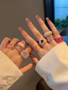 10pcs/Set Pink Flower With Rhinestone Wide Band Rings Stackable Adjustable Rings Jewelry Gifts Suitable For Women, Students, Girls, Best Friends, Daily, Party, Events, Travel - 10 Sets KRMS11-19 - View 2