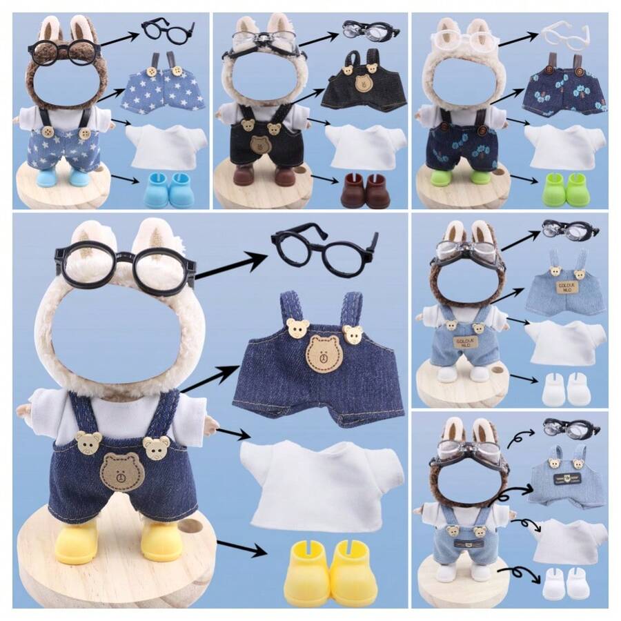 4-teiliges Bekleidungsset (ohne Puppen) geeignet für 17cm Stoffpuppen als Ersatz für Puppen der ersten, zweiten und dritten Generation. Bekleidungsset/Schuhe aus Lumpentuch, Träger, Hose, Bekleidungsset mit Lumpentuch, exquisites Zubehör geeignet als Geschenk - Verschiedenfarbig - Übersicht 1