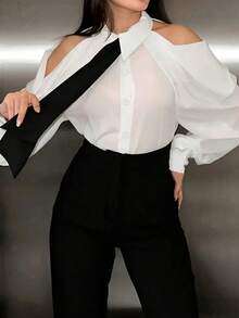 Women's Fashionable Commute Solid Color Off Shoulder Lantern Sleeve Shirt - White - View 4