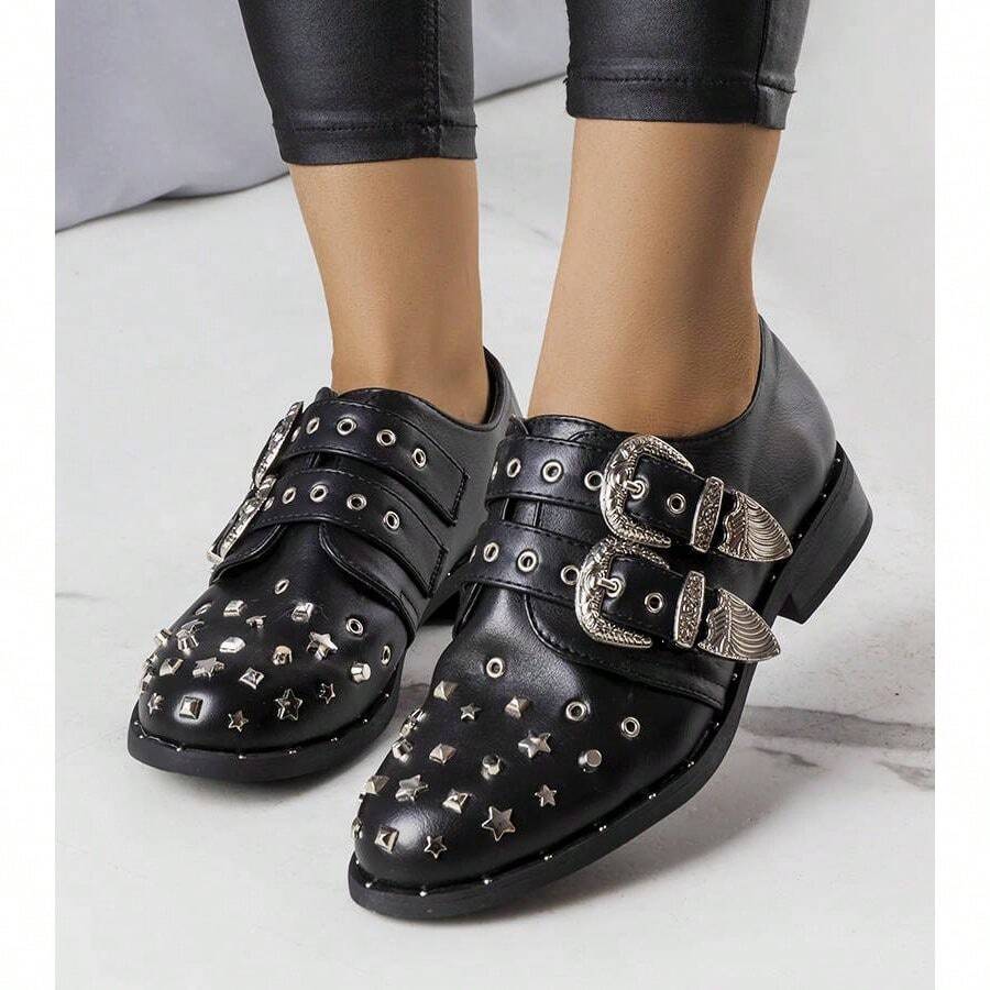 Black Buckle Studs Women Oxfords Shoes - Black - View 1