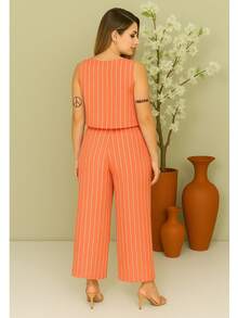 Women's Cropped & Striped Viscose Pant Set - 橙色條紋 - 查看 2