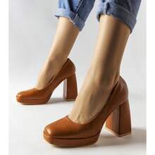 Fashion Versatile Casual Retro Thick Heel Shoes - Brown - View 3
