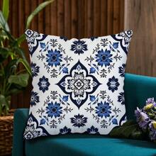 TOPSSCTR Set Of 4 Traditional Geometric Blue Porcelain Pattern Throw Pillow Covers, Polyester Zippered Cushion Cases, Machine Washable Woven Decorative Pillowcases For Various Room Types, 45cm X 45cm - No Insert, Single Side Design