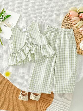2pcs/Set Newborn Baby Girl Casual Plaid Floral Print Round Neck Top And Matching Pants, Vacation Style Outfit, Gift For Babies 0-3 Years Old