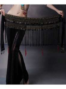 女士肚皮舞臀巾服装东方亮片长流苏肚皮舞腰带裹裙腰饰狂欢派对装饰 - 彩色 - 查看 15