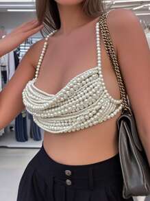 1PC Sexy, Fashionable, Personalized, Exquisite, Multi-Layered Faux Pearl Chest Chain Top Chain, Wedding Party Accessories