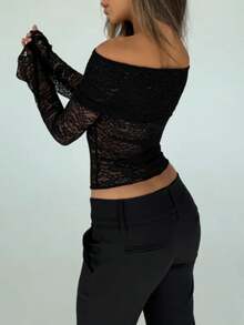 Women Y2k Lace Sheer Crop Tops Flared Long Sleeve Off The Shoulder Slim Fit T Shirt Chiffon Floral See Through Summer Going Out Blouse Tops Tees Club Streetwear Aesthetic Clothes - 黑色 - 查看 4