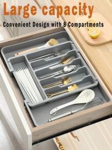 Bandeja para cubiertos expandible de 6-8 compartimentos para cajones, organizador de cubiertos de cocina con divisores ajustables, caja de almacenamiento de utensilios para cucharas, tenedores, cuchillos, apta para cocina, dormitorio, oficina
