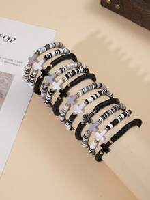 12 件套聚合物粘土和 CCB 树脂十字串珠多层手链，适合女性日常佩戴、海滩、派对、礼物