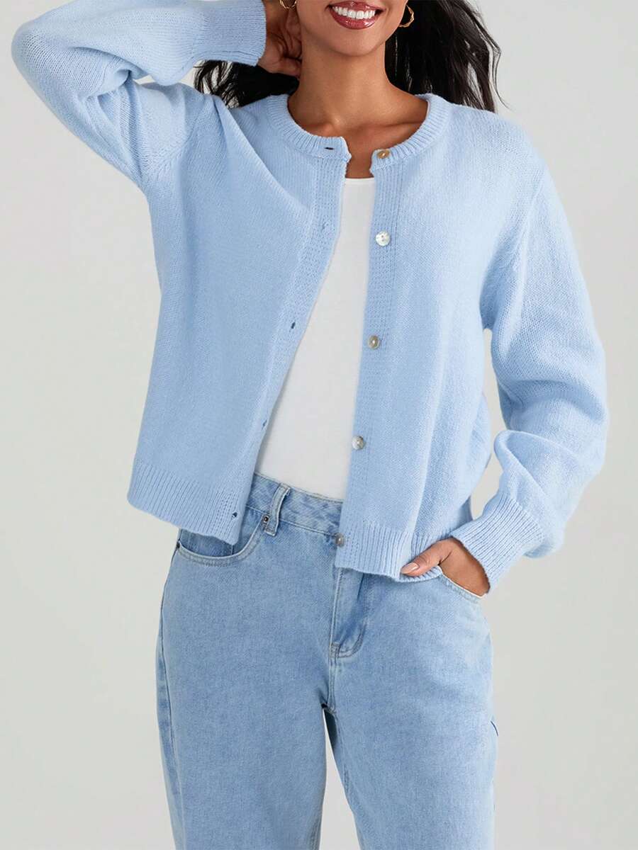 Women Button Up Sweaters Casual Lightweight Solid Color Knit Cardigans Warm Knitwear - Blue - View 1