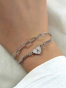 1 件朋克风格 26 字母不锈钢串珠女士/情侣手链，适合女性和情侣休闲日常佩戴 - 銀色 - 查看 16