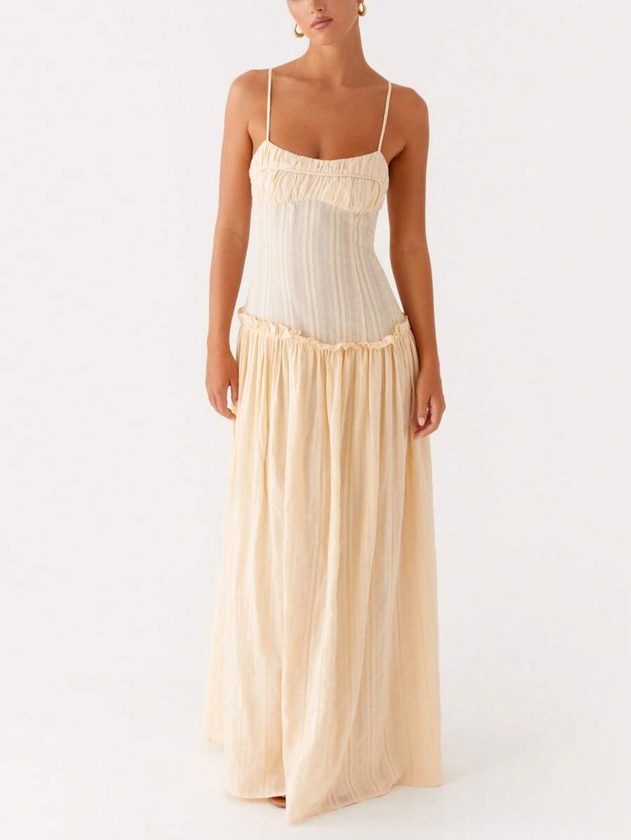 Women Y2K Maxi Dress Elegent Solid Color Spaghetti Strap Square Neck Pleated Front Flowy Long Dress Summer Backless Sleeveless Ruched Ruffle Hem Going Out Cami Dresses Party Club Beach Vacation Sundress - 淡黃色 - 查看 1