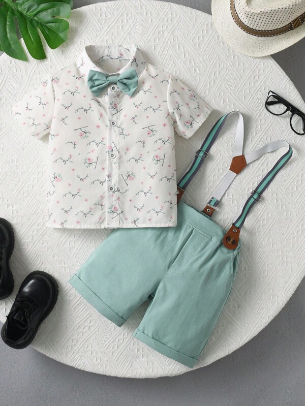 Set de 2 piezas, camisa de vestir de manga corta con moño y pantalones cortos con tirantes para niño pequeño de verano, elegante y apuesto, adecuado para fiesta de cumpleaños, actuación, banquete, boda