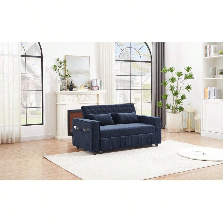 61.4" Pull-Out Sofa Bed Convertible Couch Loveseat Sofa Modern Sleeper Sofa With Adjustable Backrest For Living Room, Blue-8009 - Multicolor - View 1