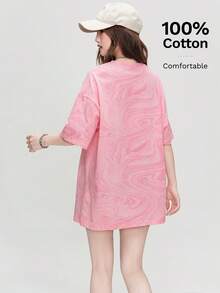 全新宽松浅粉色水彩画印花 T 恤，时尚休闲女式 T 恤 - 0A66淺粉紅色 - 查看 5