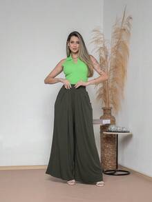 Wide-Leg Loose-Fitting Palazzo Pants In Viscose Fabric, Wide Waistband, High Waist, Pleats - Hunter Green - View 1