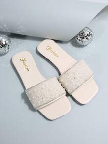 Women's Summer Casual Rhinestone Slide Sandals, Versatile Outdoor Plastic Flat Sandals